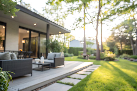 A serene modern backyard oasis featuring comfortable seating on a stylish deck surrounded by lush...