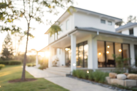 Discover a stunning modern home captured during sunset, showcasing natural light, beautiful...