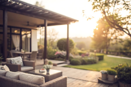 This image features a cozy outdoor patio area with comfortable seating, lush garden, and a warm...
