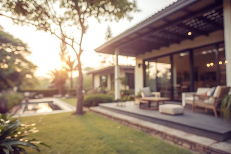 A cozy outdoor living space featuring modern furniture set against a backdrop of a beautiful sunset....