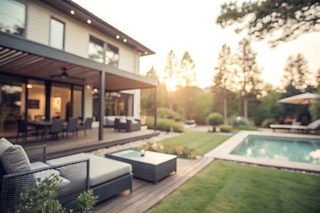 A beautiful backyard features a cozy patio set with modern furniture, a serene swimming pool, and...