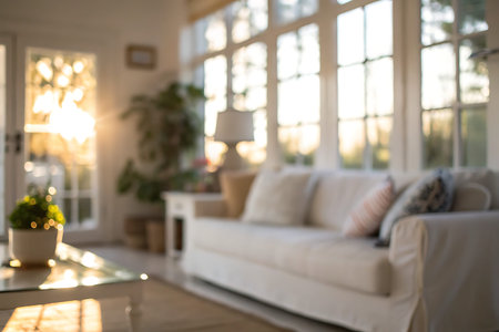 A cozy living room setting filled with soft natural light, featuring a white sofa, decorative cushions, and a touch of greenery, creating a warm ambiance.の写真素材