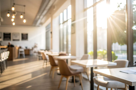 A bright cafe interior showcasing sunlight streaming through large windows, creating a warm and inviting atmosphere perfect for relaxation and social gatherings.の写真素材