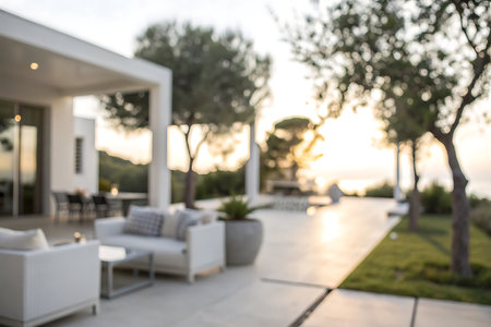 A beautifully designed outdoor living area featuring modern lounge furniture and a serene sunset...