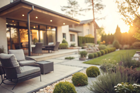 This serene outdoor patio features modern furniture surrounded by lush landscaping, perfect for relaxation during sunset hours.の写真素材
