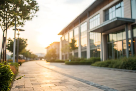 A serene urban scene featuring a winding pathway lined with lush greenery, leading towards a modern...