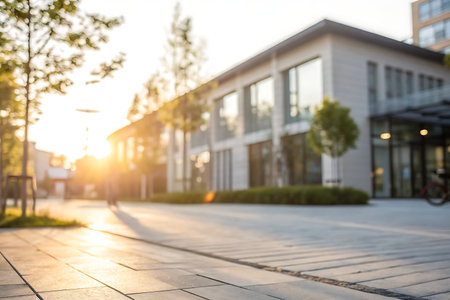 A stunning urban scene captures a modern building illuminated by a warm sunset glow. Trees line the...
