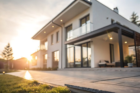 A striking modern house featuring a glass balcony, set against a stunning sunset backdrop, perfect...