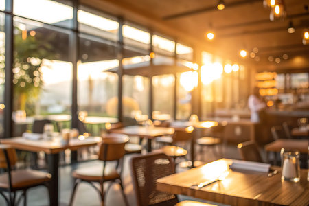 Experience the inviting warmth of a cozy restaurant interior, bathed in soft sunlight, perfect for...