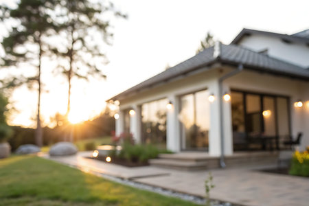 A tranquil evening scene featuring a modern house with a lush garden, softly illuminated by sunset. The blurred background enhances the serene atmosphere.の写真素材