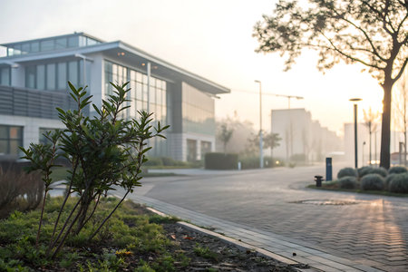 A tranquil morning scene featuring a modern building shrouded in mist. Lush greenery and a serene...