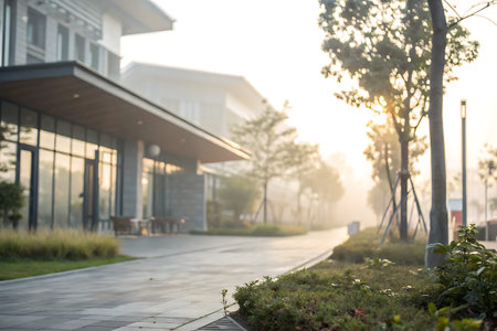 A tranquil early morning scene with fog enveloping modern architecture and a serene pathway,...