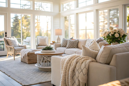 This serene living room features abundant sunlight, elegant decor, cozy seating, and a touch of...