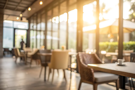 A warm and inviting coffee shop interior features soft sunlight streaming through large windows,...