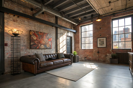 A stylish industrial living room featuring a cozy leather sofa, exposed brick walls, and large...