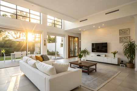A bright and spacious modern living room featuring large windows that invite natural light. The stylish decor creates a relaxing and inviting atmosphere, perfect for family gatherings or quiet evenings.の写真素材