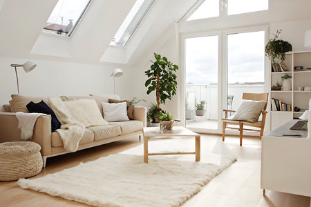 Experience the serenity of a bright, minimalist living room spotlighted by natural light, featuring cozy furnishings and a touch of greenery.の写真素材