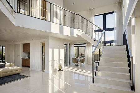 This stunning interior showcases a modern design with an elegant staircase, bright natural light,...