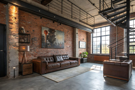 This stunning industrial living room features a brown leather sofa, exposed brick walls, and a stylish staircase, creating a warm and inviting atmosphere.の写真素材
