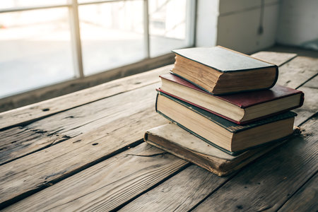 A serene arrangement of stacked vintage books on a rustic wooden table, illuminated by soft natural light, creating a cozy and inviting atmosphere ideal for reading and relaxation.の写真素材