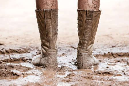 A pair of muddy boots sits firmly in wet ground, symbolizing adventure and resilience after rain. This image captures the beauty of nature and rugged outdoor experiences.の写真素材