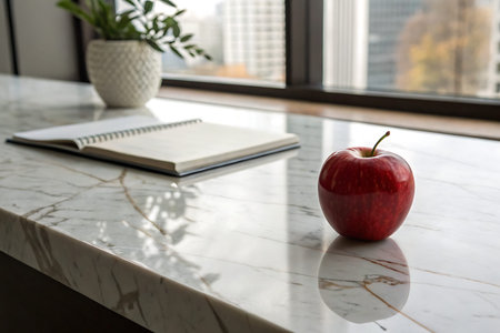 A vibrant red apple sits on a sleek marble desk next to an open notebook, creating a serene...