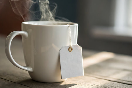A steaming mug sits on a rustic wooden table, featuring a blank tag for customization. Ideal for themes of warmth, comfort, and relaxation in a cozy setting.の写真素材