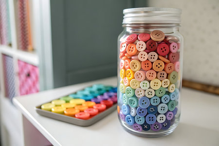 A glass jar filled with an array of colorful buttons creates a cheerful atmosphere, ideal for craft lovers and home dの写真素材