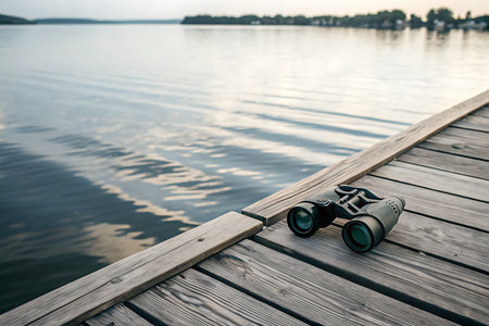 A pair of binoculars lies on a wooden dock by a serene lake as evening approaches, reflecting a tranquil atmosphere perfect for exploration and relaxation.の写真素材