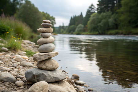 A serene river scene featuring a carefully balanced stack of stones beside clear water. This tranquil setting invites peace and mindfulness, showcasing natural beauty.の写真素材