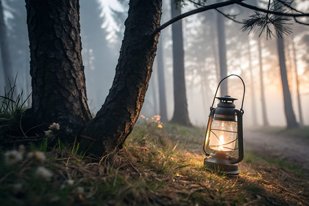 A serene scene featuring a vintage lantern illuminating a misty forest pathway. Tall trees surround the soft light, creating a tranquil and atmospheric setting in nature.の写真素材