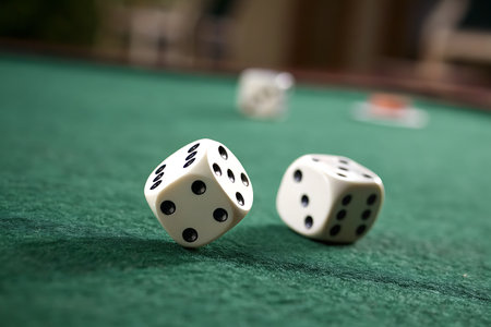 Dynamic capture of two dice rolling on a green felt table, portraying the excitement and uncertainty of casual gambling. Perfect for game-themed projects.の写真素材