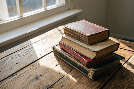 A beautiful arrangement of vintage books stacked on a rustic wooden table, illuminated by soft...