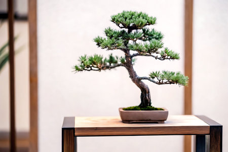 A stunning bonsai tree is showcased on a wooden table, enhancing interior charm with its intricate...