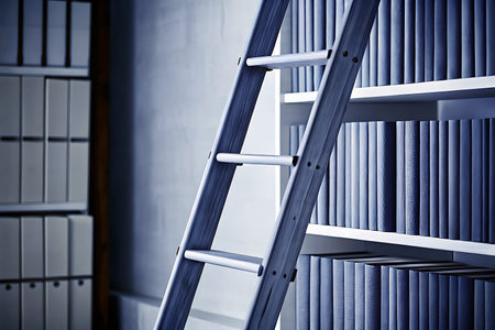 A modern library setting featuring a stylish wooden ladder positioned beside neatly arranged shelves...