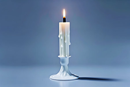 A beautifully lit white candle with melting wax stands in a delicate holder against a soft gray background. This image captures the essence of serene ambiance and elegance, perfect for relaxation.の写真素材