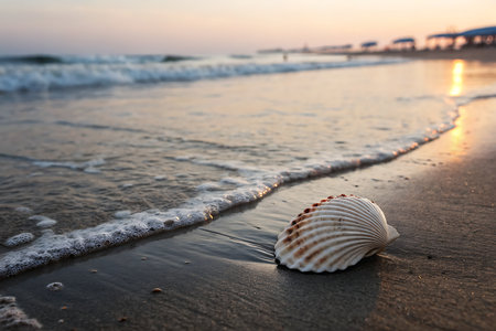 A stunning beach scene captures a delicate seashell resting on the sandy shore, with gentle waves washing over it under a vibrant sunset.の写真素材