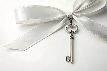 This elegant silver key features a heart-shaped charm and a beautiful white ribbon bow, perfect for weddings or special occasions.の写真素材