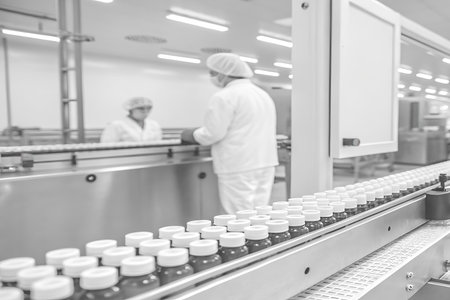 A clean and organized laboratory scene shows workers in protective gear managing vials on a production line, emphasizing safety and efficiency.の写真素材