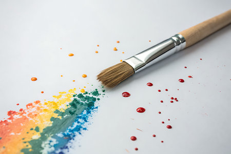 A close-up view of a paintbrush beside vibrant splashes of color on white paper, highlighting artistic creativity and expression through colorful elements.の写真素材