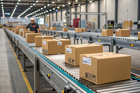 A modern warehouse features a conveyor system transporting cardboard boxes ready for distribution...