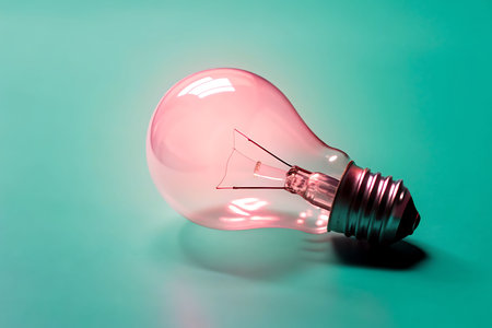 A vintage light bulb lies on a soft blue background, highlighting its unique texture and soft glow....