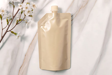 A neutral-colored plastic pouch with a screw cap rests on a marble surface, accented by delicate...