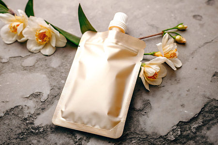 This image showcases an elegant cosmetic package surrounded by delicate flowers, set against a...