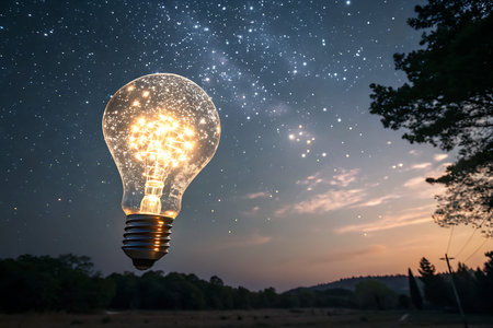 A breathtaking image featuring a glowing light bulb amidst a star-filled night sky, showcasing the...