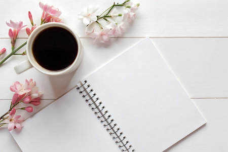 A serene workspace featuring a blank notebook, a coffee cup, and delicate flowers on a wooden...