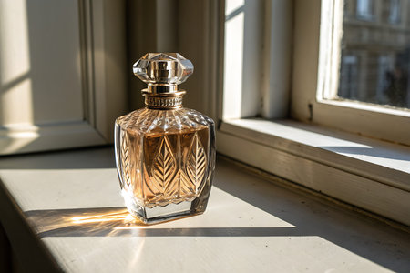 A stunning glass perfume bottle showcasing golden liquid, beautifully lit by the sun on a window...