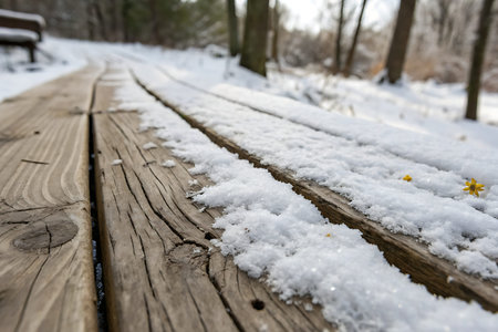 A serene view of a snow-covered wooden pathway winding through a peaceful winter forest,...
