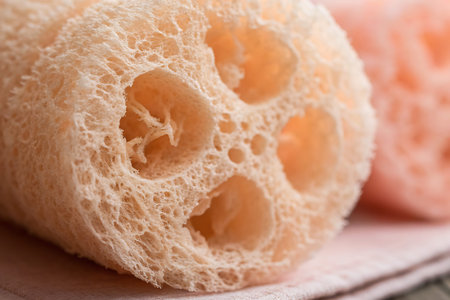 This detailed close-up image showcases the unique texture of a natural loofah, perfect for promoting...