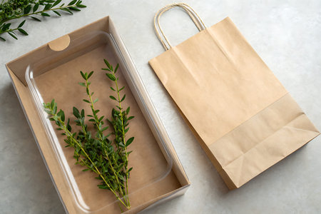 A minimalist setup featuring fresh greenery in a transparent container next to a brown paper bag on...